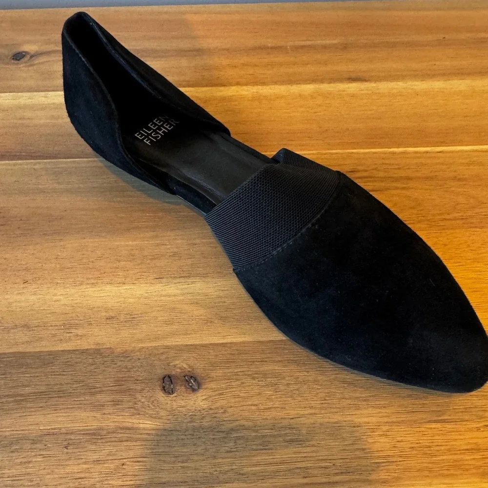 Eileen Fisher Women 6.5‎ Black Suede Pointed Toe d'Orsay Flats Elastic Strap